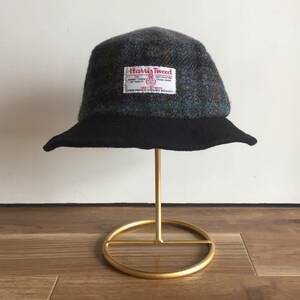 Harris Tweed ハリスツイード 帽子 ハット バケットハット 無地×チェック BLACK×GRAY×CHECK ウール WOOL100% ユニセックス 古着 used 