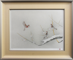 三羽の鳥の姿が印象的に描かれています　　文化勲章受章画家　上村淳之　　オリジナル版画　「寒日.紅ヒワ」　　1995年製作　【正光画廊】