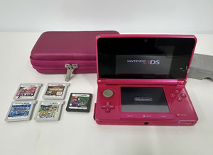 100円～★NINTENDO ニンテンドー 3DS グロスピンク 本体 CTR-001 3DSソフト 4個 DSソフト1個 ACアダプターDSケース付き