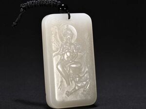 「時代物 和田玉 彫り 吉祥 如意観音玉牌 極美品」極細工 裝身具 賞物 中国古美術 旧蔵出