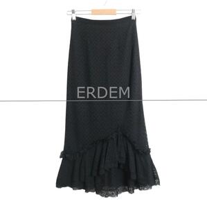 極美品 ERDEM アーデム サイズI36 総柄 レース フリル ロング タイト マーメイドスカート ロングスカート タイトスカート 黒 ブラック