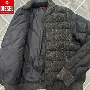 【極美品XXL】DIESEL ディーゼル ニット切替 ダウンジャケット キルティング ケーブル編み 胸元ロゴ ダウングース90% グレー 【最高傑作】