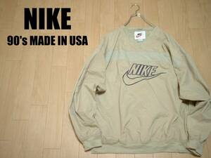 90sビンテージUSA製NIKEスウッシュ刺繍ウインドブレイカー米国製プルオーバーL正規ナイキMADE IN USAベージュナイロンジャケットブレーカー