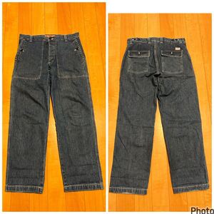 良品★TENDERLOIN/テンダーロイン サイズM.実寸87 インディゴヘヴィオンスデニム・ベイカーパンツ 白ステッチジーンズ/ビンテージワークUSN