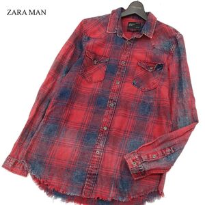 ZARA MAN ザラ マン 長袖 スリムフィット カットオフ★ ウォッシュ加工 ウエスタン デニム チェック シャツ Sz.M　メンズ 赤　C3T11686_C#C