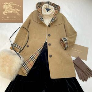 ◆大きいサイズ◆美品◆バーバリー◆BURBERRY 40/11号/L ダブルフェイスリバー仕立て☆メガチェックコンビカシミヤウールフーデッドコート