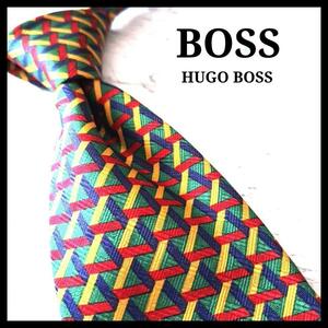 HUGO BOSS シルクネクタイ トライアングル 総柄 緑 赤 黄 青POP 希少 マルチカラー 映え