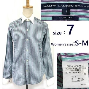 日本正規代理店タグ★RALPH LAUREN SPORT★長袖クレリックシャツ/ブラウス【7/レディースS-M/ミント系×紫/ストライプ】Tops◆sBH887