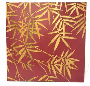 不明ウッド スカルプチャー バンブー/アートパネル木彫り笹の葉　朱色　赤　レッド　竹林H60cm×W60cm×D4cm壁掛けウォールインテリア