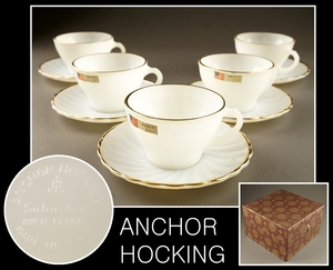 【千寿】 ANCHOR HOCKING ファイヤーキング カップ＆ソーサ― ５客 m51◆在銘 ビンテージ アメリカ 古美術