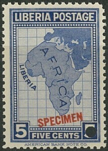 外国切手　リベリア　みほん　1928年　アフリカ地図5c　SPECIMEN加刷活字違い　パンチ穴　1種