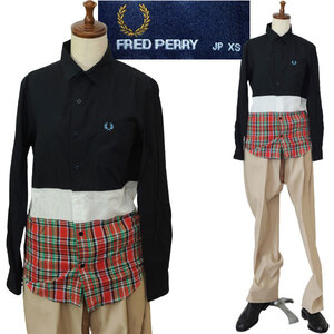 ★【国内正規 デザイン◎】 FRED PERRY フレッドペリー F4378 鹿の子素材 タータン パネルド ブラック シャツ テーラードシャツ サイズ XS