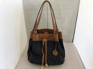 【MICHAEL KORS】マイケルコース　巾着トートバッグ　ネイビー×ブラウン　デニムキャンバス×レザー　SY02-FDR