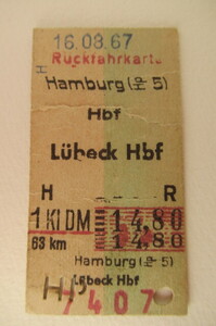 ◆ドイツ　鉄道往復切符(Ruckiahrkarte)◆Hamburg ハンブルク　－　Lubeck リューベック　③