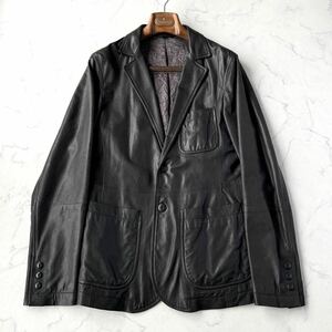 C741 別格トロトロ手触り!! GIORGIO ARMANI ジョルジオ アルマーニ 黒タグ レザー テーラード ジャケット 艶感 ブラック 黒 44 ＝ S〜M相当