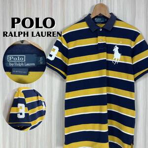 ☆希少☆POLO ポロバイラルフローレン ビッグポニー 太ボーダー 鹿の子 半袖ポロシャツ ラガーシャツ L表記 イエロー ネイビー 90s 古着