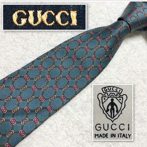 GUCCI グッチ　ネクタイ　金具　ロープ　網目状　総柄　シルク100% イタリア製　青緑　ビジネス