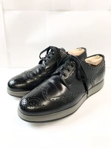 (D) SANTONI サントーニ ウイングチップ レザー スニーカー 6 ブラック シューズ 布袋付き