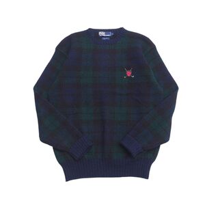 TH8874□90s ポロラルフローレン/Polo by Ralph Lauren*メンズL*長袖クルーネックセーター/ウールニットプルオーバー*チェック柄*ワッペン