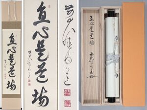 【真作】 大徳寺派 宝光山 渓雲寺 平兮伯道 『直心是道場』 紙本 肉筆 一行書 掛軸 共箱 タトウ箱 茶掛 茶道具