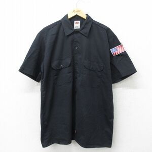 L/古着 ディッキーズ Dickies 半袖 ワーク シャツ メンズ 星条旗 黒 ブラック 24jun27 中古 トップス