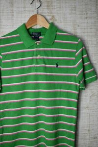 ☆US古着 POLO Ralph Lauren ラルフローレン ポロシャツ ボーダー柄 ポニーロゴ 緑ピンク白 BOYS【L(14-16)】鹿の子　　　　　◆2342◆