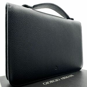 1円/未使用級●GIORGIO ARMANI ジョルジオアルマーニ ビジネス オーガナイザー 長財布 トラベルケース ロゴ レザー ブラック 黒 メンズ