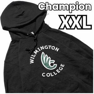 ★圧巻のビッグシルエット　Champion チャンピオン　プルオーバーパーカー カレッジロゴ プリント コットン Wilmington College　黒　2XL