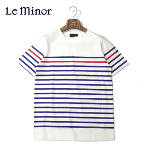 【40％OFF・新品・3(L)】Le minor（ル ミノア）コットンボーダー 半袖クルーネックカットソー ホワイト×ブルー 61147H-D69