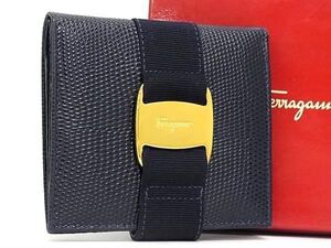 ■極美品■ Salvatore Ferragamo フェラガモ ヴァラ リザード型押しレザー 二つ折り 財布 ウォレット パープル系 AY8228