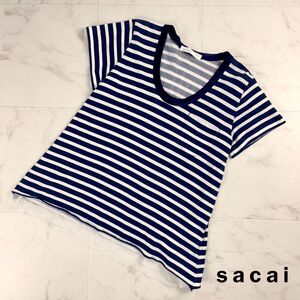 美品 sacai luck サカイラック ボーダー 裾レース フレア半袖Tシャツ カットソー トップス レディース 紺 ネイビー サイズ2*PC595