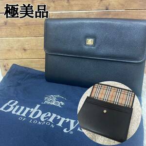 極美品 保存袋 Burberrys バーバリー A4収納 ノバチェック シャドーホース セカンドバッグ　ビジネスバッグ クラッチバッグ ブラック 本革