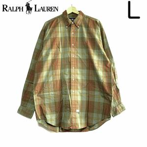 US古着 Ralph Lauren ラルフローレン 長袖 ボタンダウンシャツ 大判チェック カーキ アースカラー レトロチェック