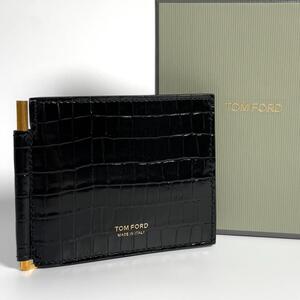 TOM FORD トムフォード 二つ折り 財布 マネークリップ カードケース ゴールド クロコ 型押し レザー ミニ ウォレット ロゴ メンズ 革小物