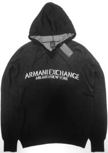 [新品] ARMANI EXCHANGE　ジャガードのコントラストロゴ入り【メンズ・ニットパーカ】◆2023-24秋冬モデル　サイズ：L(50相当)　◆色：黒