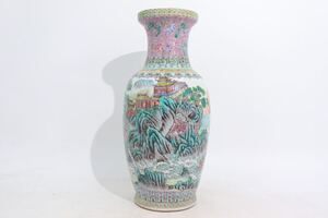 時代　色絵　墨彩　風景図　花瓶　/　時代物　中国美術　粉彩　琺瑯彩　花器　壺　飾壺　　煎茶飾　.G378