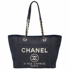 ★E2422 超美品!! シャネル ドーヴィルMM デニム×レザー チェーンショルダー トートバッグ ネイビー CHANEL レディース★