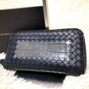 付属品完備/廃盤/入手困難●BOTTEGA VENETA ボッテガ メンズ 長財布 ラウンドファスナー クロコダイル ワニ革 黒×グレー イントレチャート