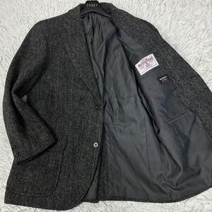 美品 XL相当 【ハリスツイード ヘリンボーン】HARRIS TWEED テーラードジャケット シングル 2B グレー ビジネス スーツ ヴィンテージ 毛 AW