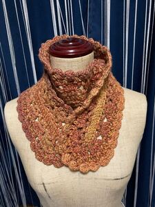 ハンドメイド 衿カバー ミニマフラー ウール マフラー handmade wool mini shawl scarf orange crochet スカーフ ニット