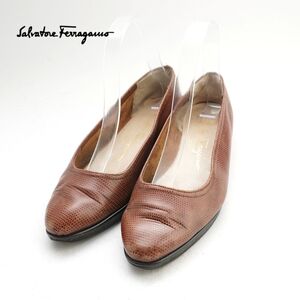 Salvatore Ferragamo サルヴァトーレフェラガモ 5 1/2 23.0 フラットパンプス イタリア製 総柄 ラウンドトゥ レザー ブラウン/KC14