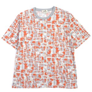 美品▼HERMES エルメス 20AW コットン ホース総柄 クルーネック ショートスリーブ 半袖Ｔシャツ グレー オレンジ XL 伊製 正規品 メンズ