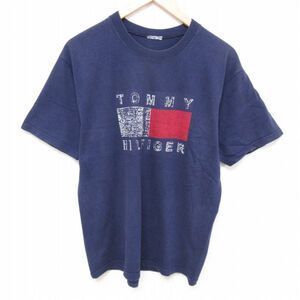 M/古着 トミーヒルフィガー TOMMY HILFIGER 半袖 ブランド Tシャツ メンズ ビッグロゴ クルーネック 紺 ネイビー 24jun06 中古