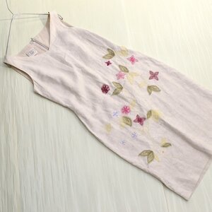 ◆訳あり◆LAURA ASHLEY ローラアシュレイ リネン100% フラワーモチーフ ビーズ ノースリーブワンピース レディース [S105111]