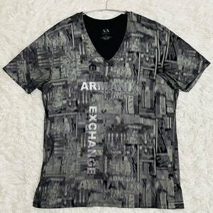 希少L アルマーニ エクスチェンジ 総柄 デザイン Tシャツ ロゴ プリント Vネック カットソー ストレッチ 半袖 メンズ ARMANI EXCHANGE