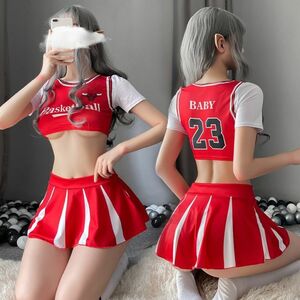 ★送料無料★セクシー チアガール コスプレ 【トップス ミニスカート Tバック】 バスケ チアリーダー チアダン ベビードール 赤 b