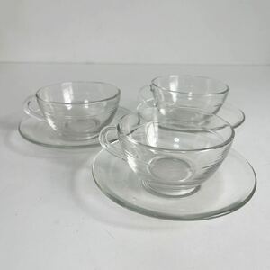 DURALEX デュラレックス ガラス クリアー 透明 カップ&ソーサー 3客セット まとめて 茶器 食器 MADE IN FRANCE フランス製 ビンテージ