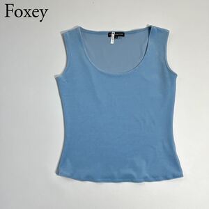 良品 FOXEY NEW YORK フォクシーニューヨーク ベロアトップス タンクトップ ノースリーブ ロゴ刺繍 ベビーブルー ストレッチ 40 レディース