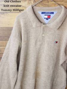 美品 TOMMY HILFIGER トミー ヒルフィガー ９０Ｓ ヴィンテージ ポロ ニット セーター 無地 Sサイズ ベージュ ラムウール 長袖 アウタ