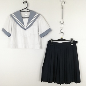 1円 セーラー服 スカート 上下2点セット 夏物 白2本線 女子 学生服 中学 高校 白 制服 中古 ランクC EY5150